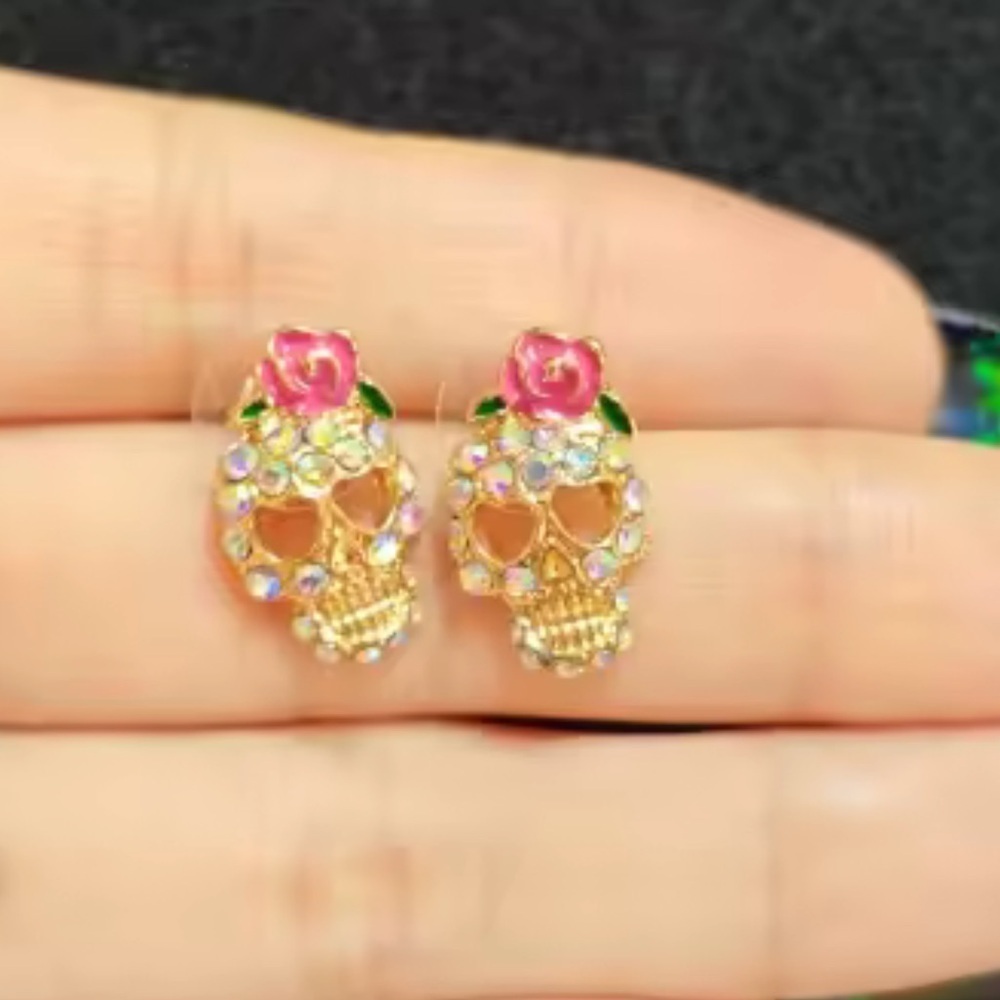 Halloween Skeleton Gold Crystal Earrings - Picture 11 of 13